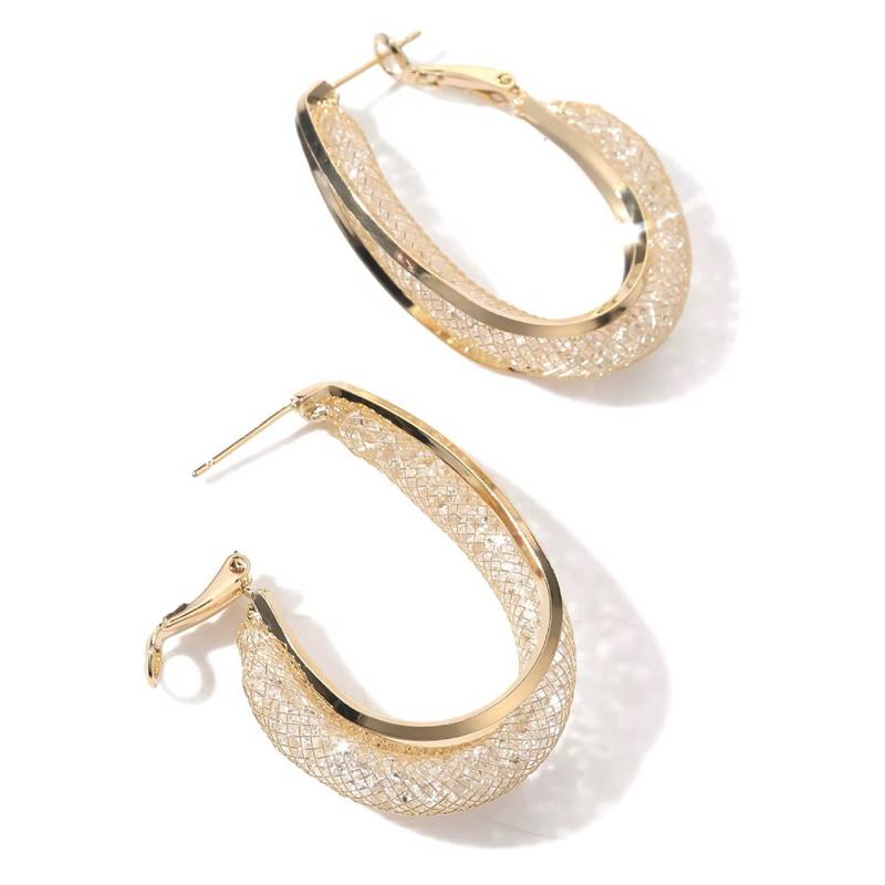 Gold Crystal Mesh Drop Hoop Earrings