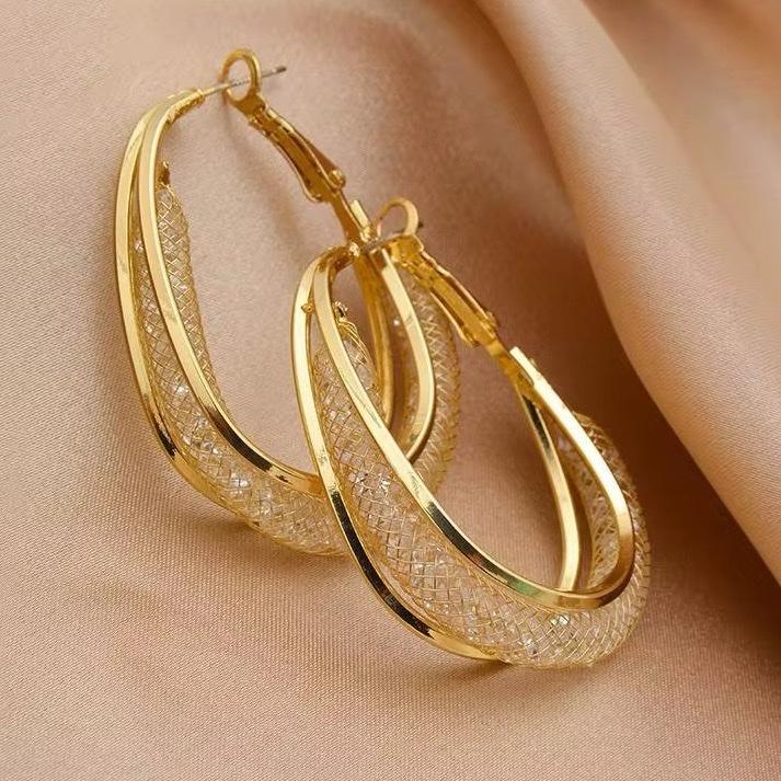 Gold Crystal Mesh Drop Hoop Earrings