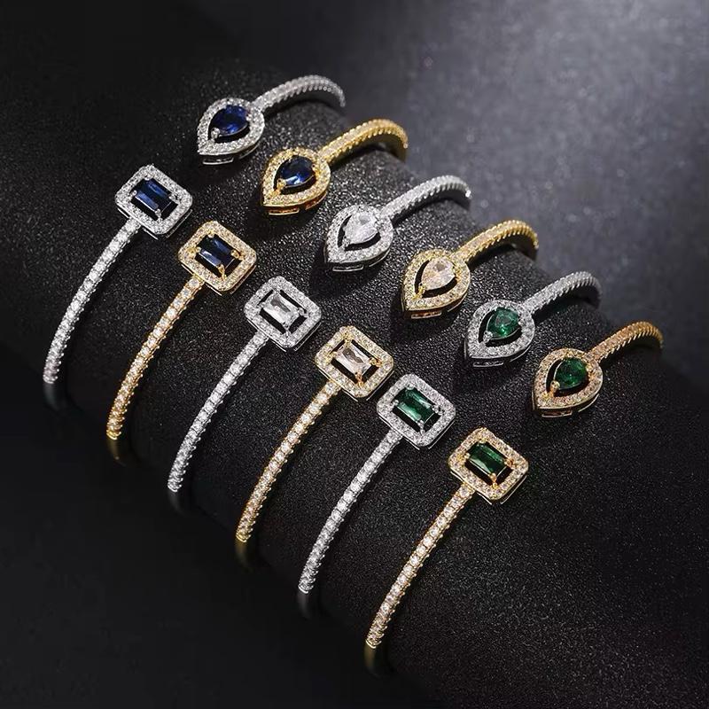 Luxury Crystal Pear & Cube Open Cuff Bracelet - Green, Clear & Blue Options