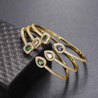 Luxury Crystal Pear & Cube Open Cuff Bracelet - Green, Clear & Blue Options