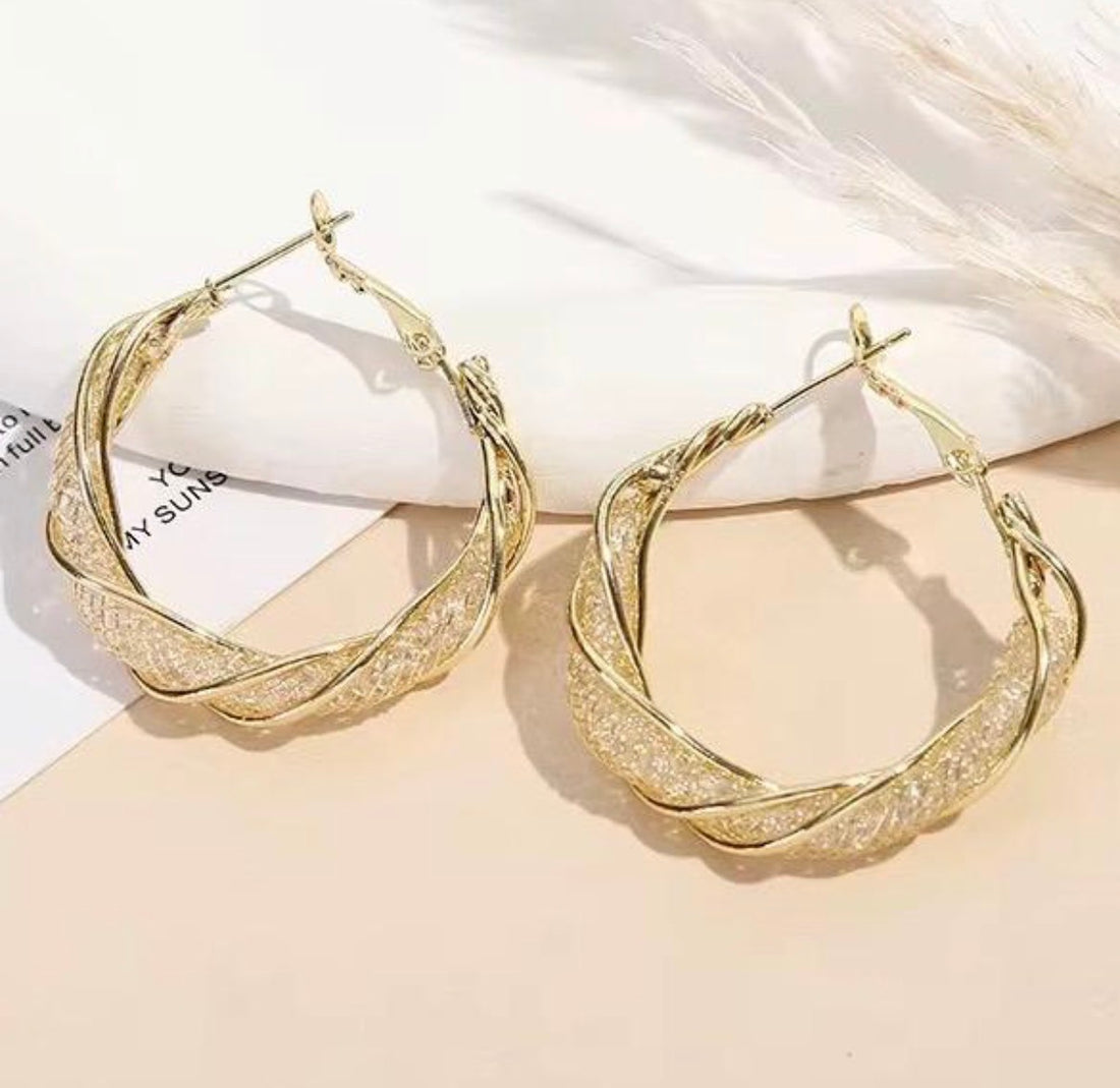 Twisted Crystal Mesh Hoop Earrings in Gold or Silver
