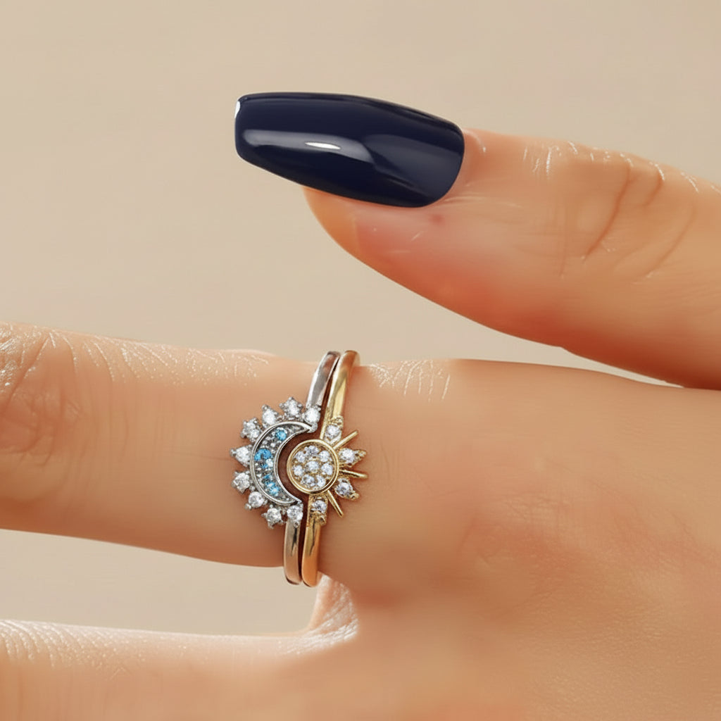 Sun & Moon Forever Best Friends Crystal Encrusted Silver & Gold Adjustable Ring Set