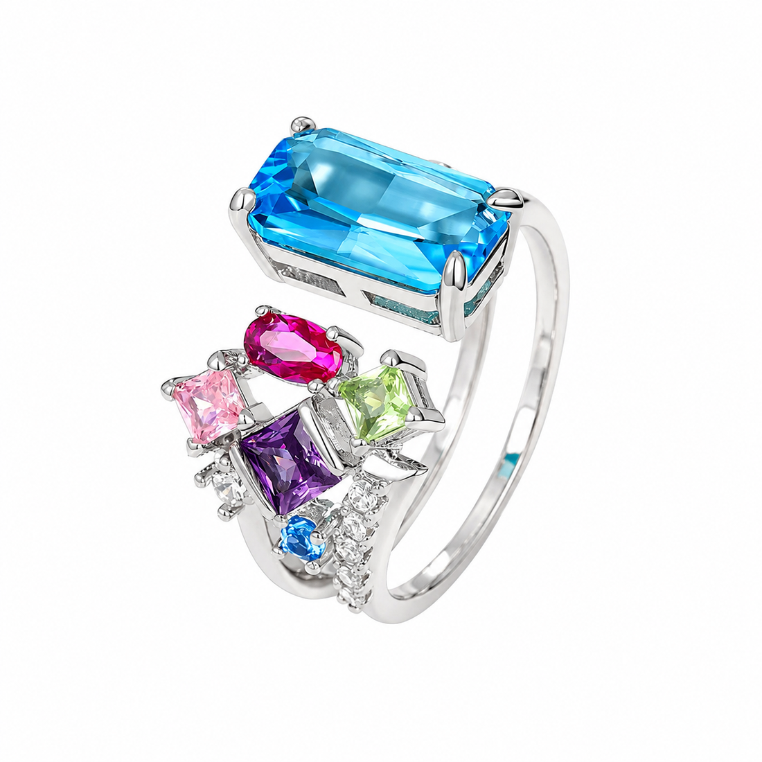Blue Emerald Cut & Multi Colour Gemstones Cluster Statement Adjustable Ring