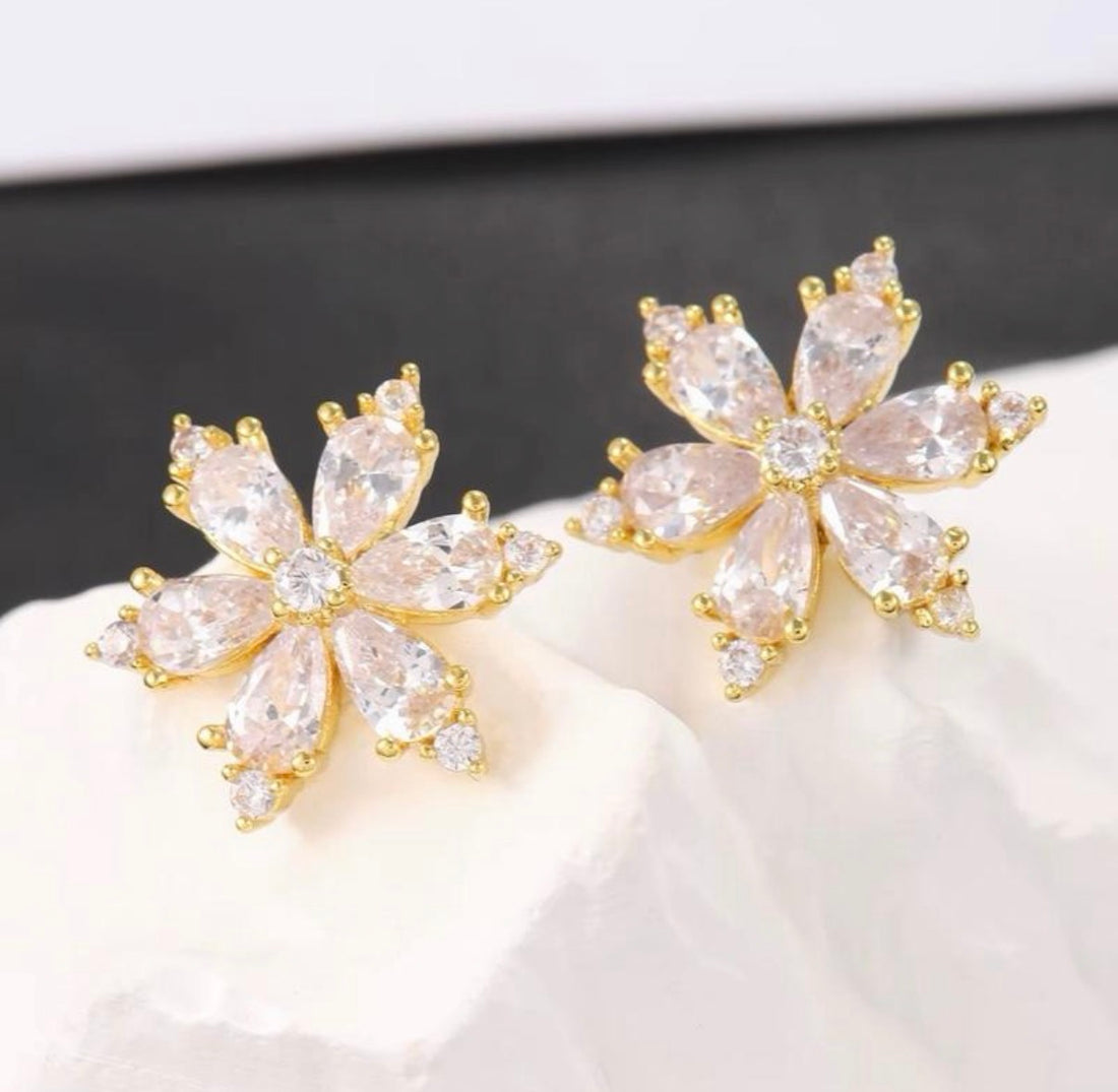 Crystal Six Petal Stud Earrings available in Gold or Silver