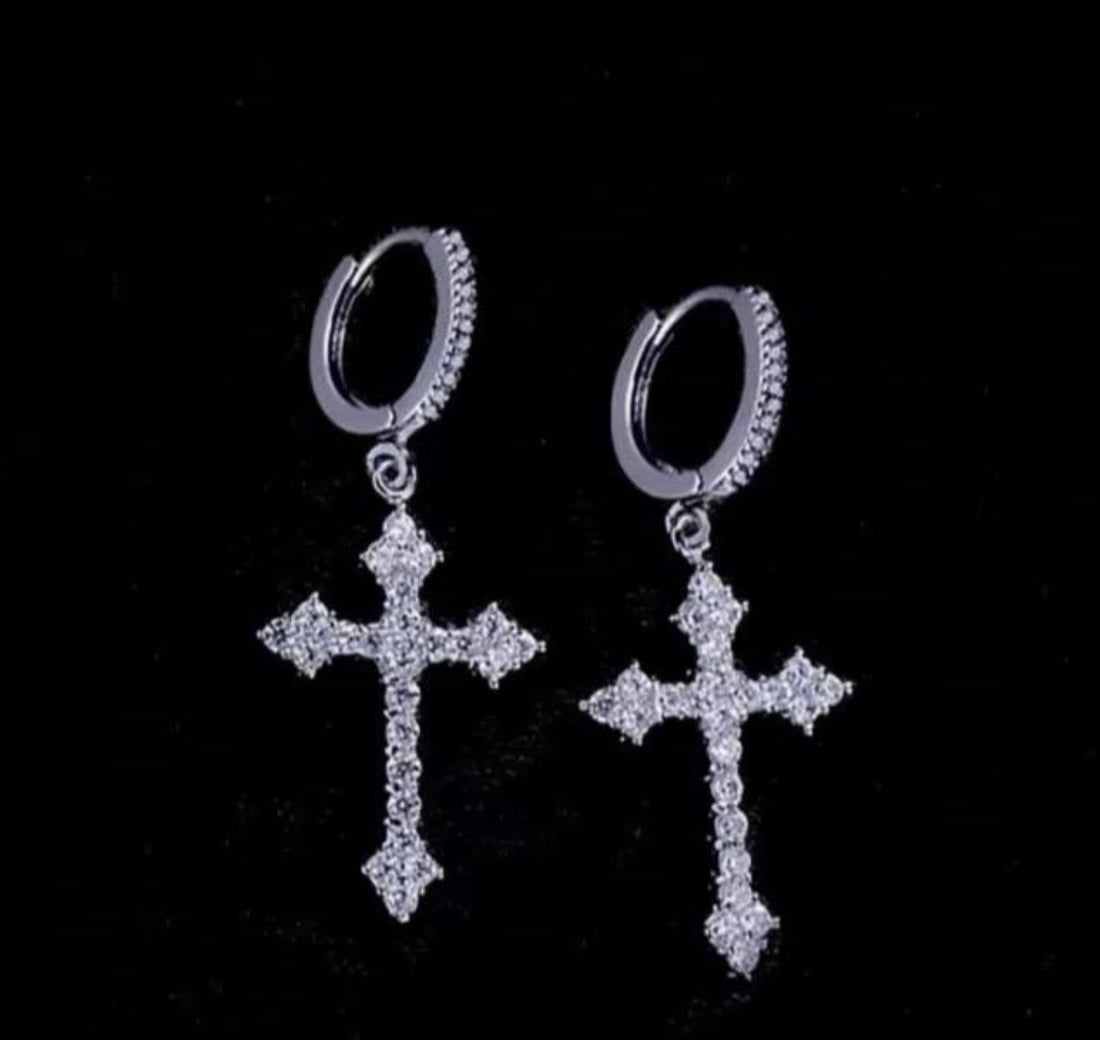 Crystal Hoop Drop Charm Cross Earrings