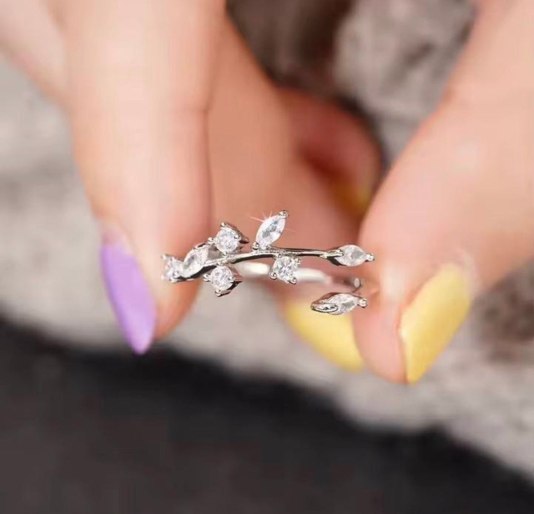 Elegant Crystal Leaf Adjustable Ring