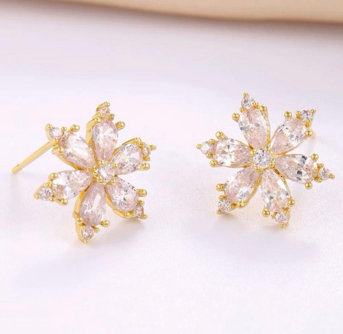 Crystal Six Petal Stud Earrings available in Gold or Silver