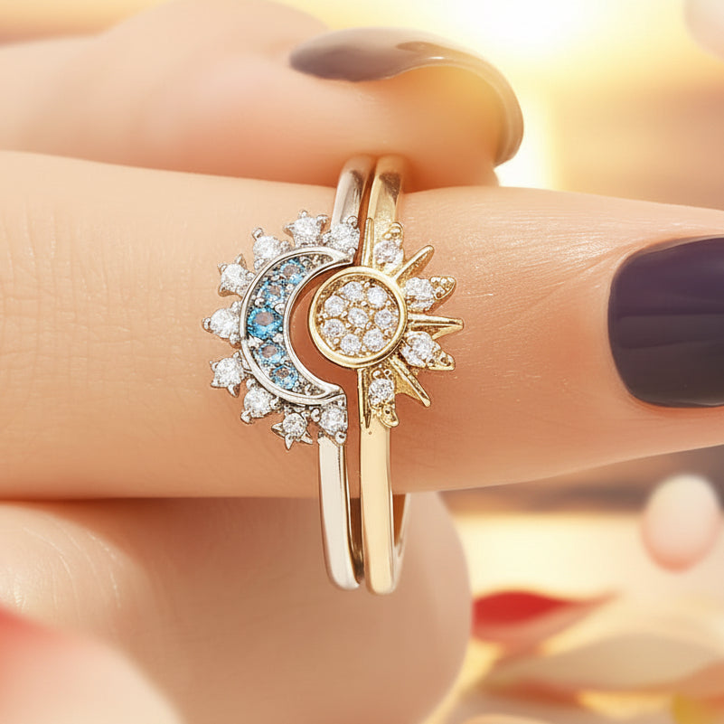 Sun & Moon Forever Best Friends Crystal Encrusted Silver & Gold Adjustable Ring Set
