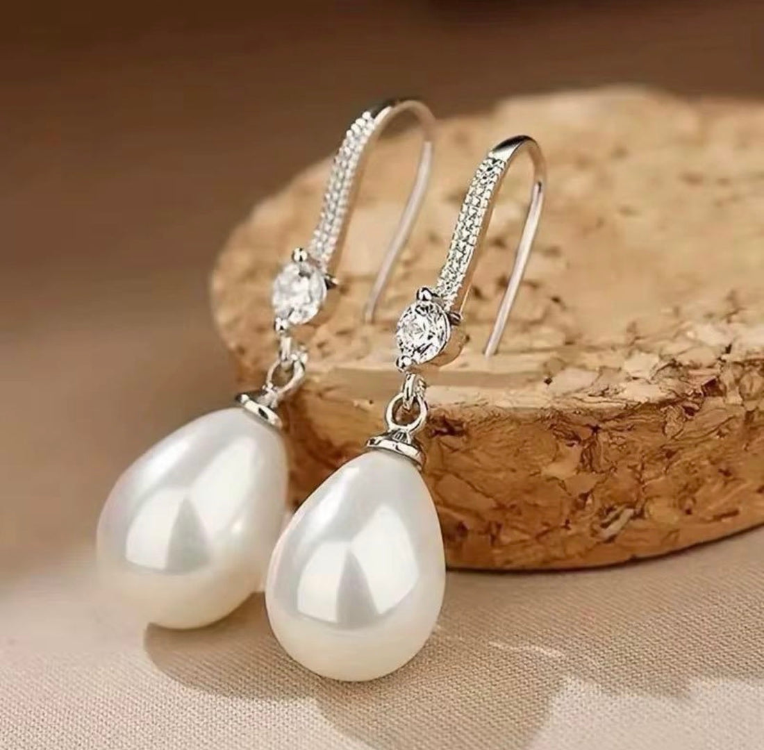 Crystal & Pearl Water Droplet Earrings available in Gold or Silver