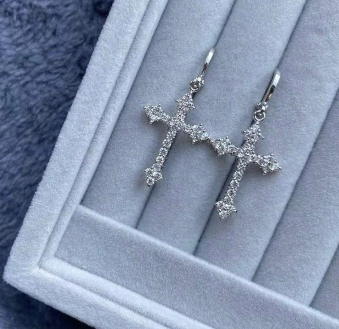 Crystal Hoop Drop Charm Cross Earrings