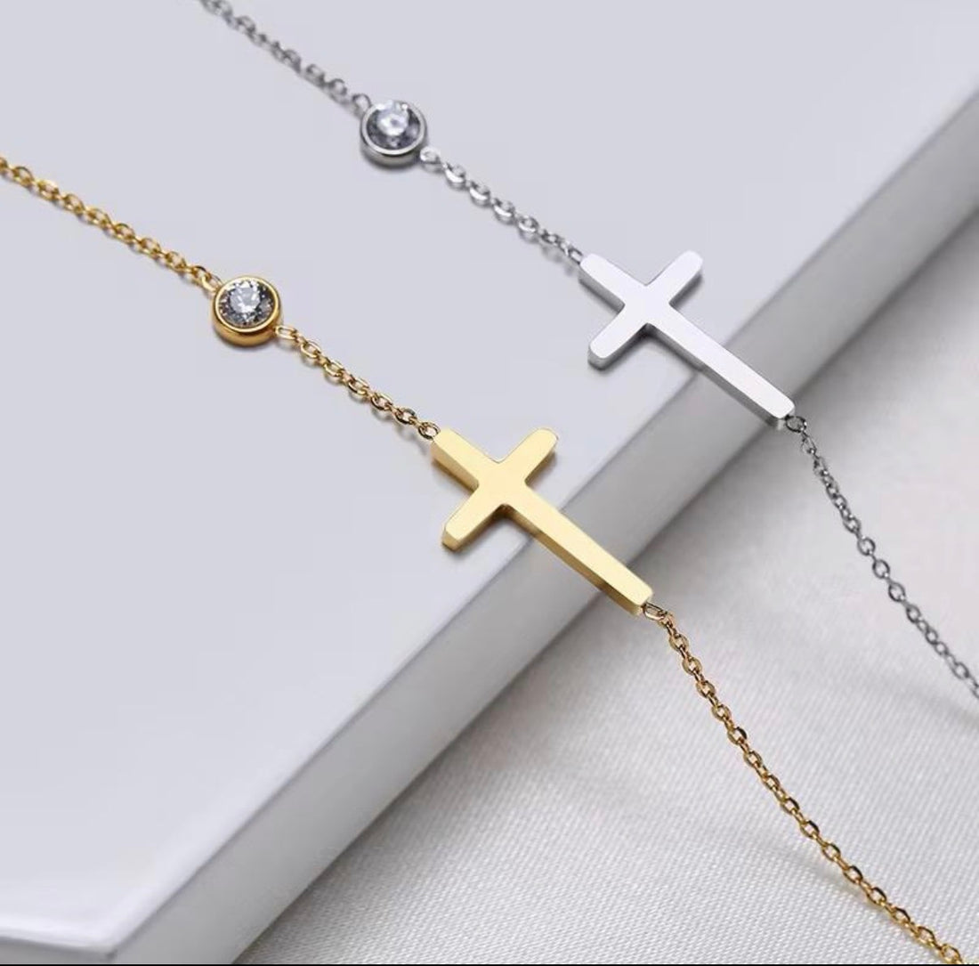 Minimal Elegant Cross Bracelet with Crysal available in Gold, Silver & Rose Gold