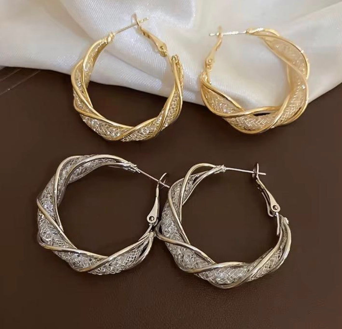 Twisted Crystal Mesh Hoop Earrings in Gold or Silver