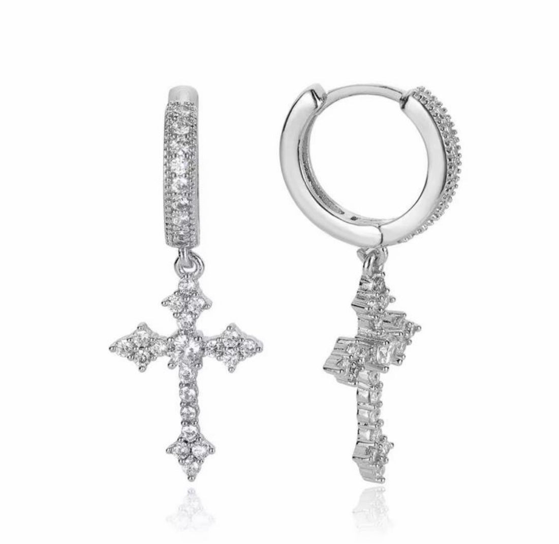 Crystal Hoop Drop Charm Cross Earrings