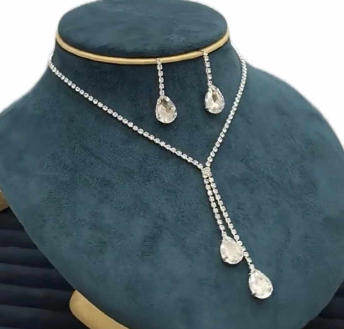 Crystal Double Water Drop 2 Piece Necklace & Earrings Set