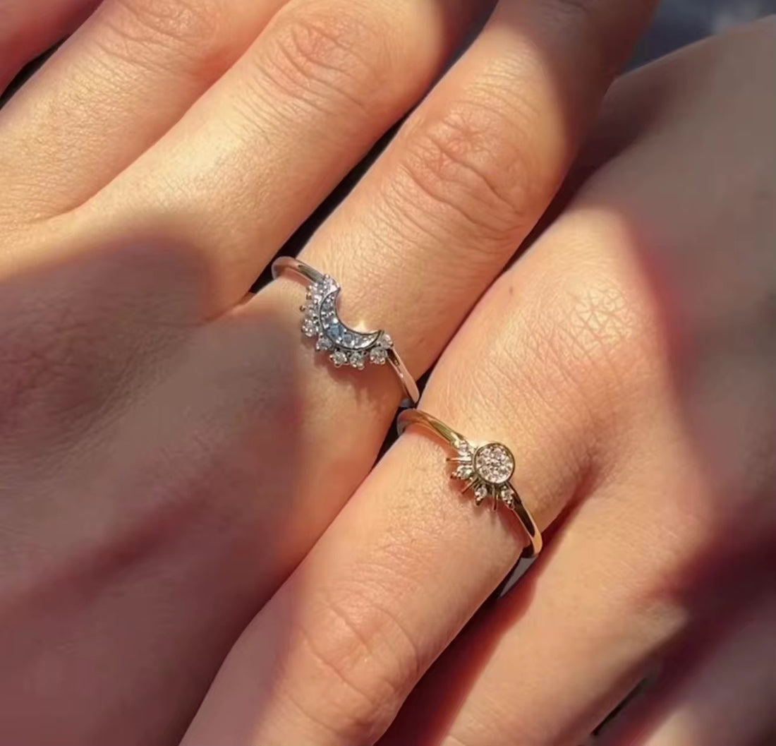 Sun & Moon Forever Best Friends Crystal Encrusted Silver & Gold Adjustable Ring Set