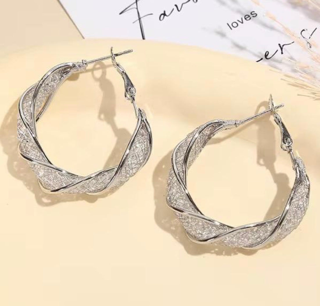 Twisted Crystal Mesh Hoop Earrings in Gold or Silver