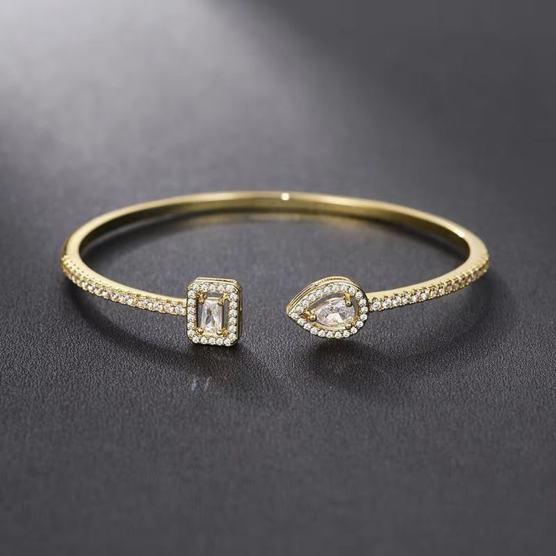 Luxury Crystal Pear & Cube Open Cuff Bracelet - Green, Clear & Blue Options