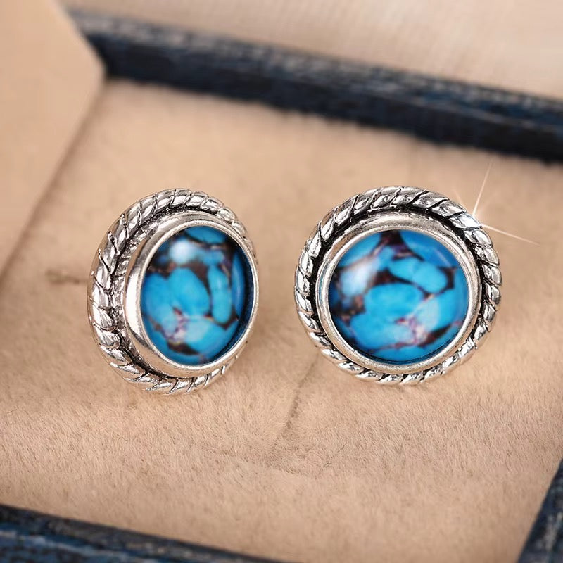 Turquoise Stud Silver Braided Earrings