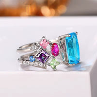 Blue Emerald Cut & Multi Colour Gemstones Cluster Statement Adjustable Ring