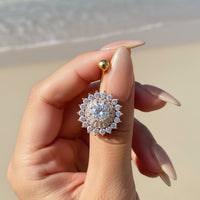 Gold Plated Layered Sunburst Statement Stainless Steel Crystal Belly Bar