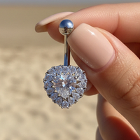 Gold Plated Heart Shape Stainless Steel Crystal Belly Bar