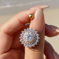 Gold Plated Layered Sunburst Statement Stainless Steel Crystal Belly Bar
