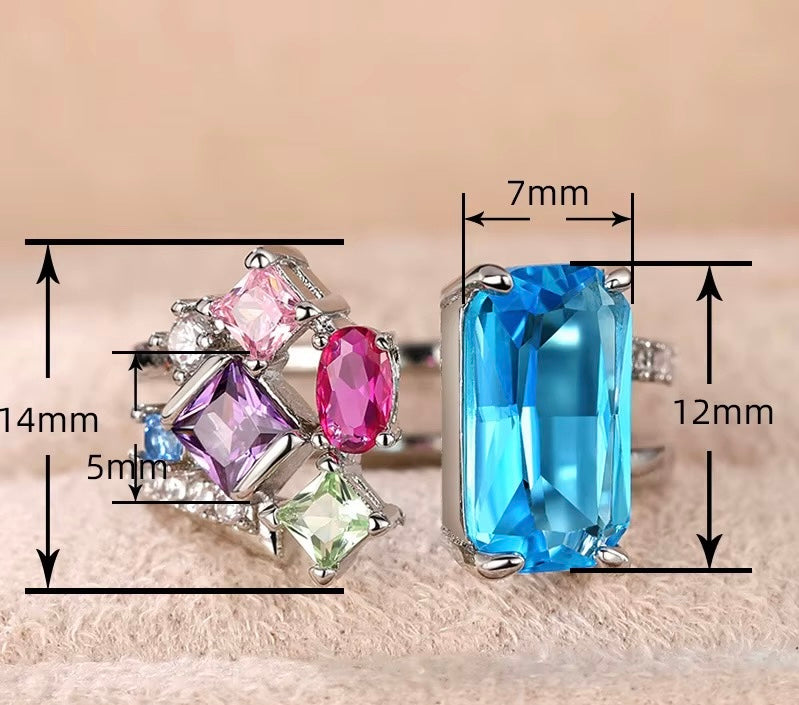 Blue Emerald Cut & Multi Colour Gemstones Cluster Statement Adjustable Ring