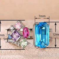 Blue Emerald Cut & Multi Colour Gemstones Cluster Statement Adjustable Ring
