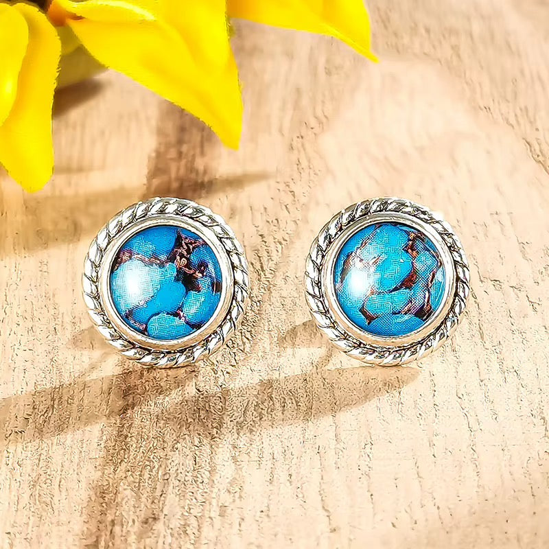 Turquoise Stud Silver Braided Earrings