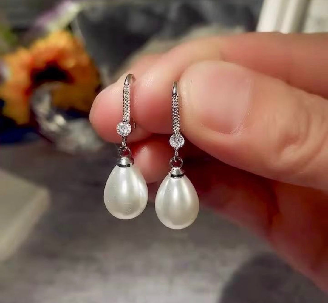 Crystal & Pearl Water Droplet Earrings available in Gold or Silver