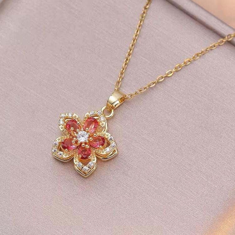 Crystal Spinning Flower Anxiety Stress Relief Fidget Gold Pendant -available in Green, Red, Clear or Pink