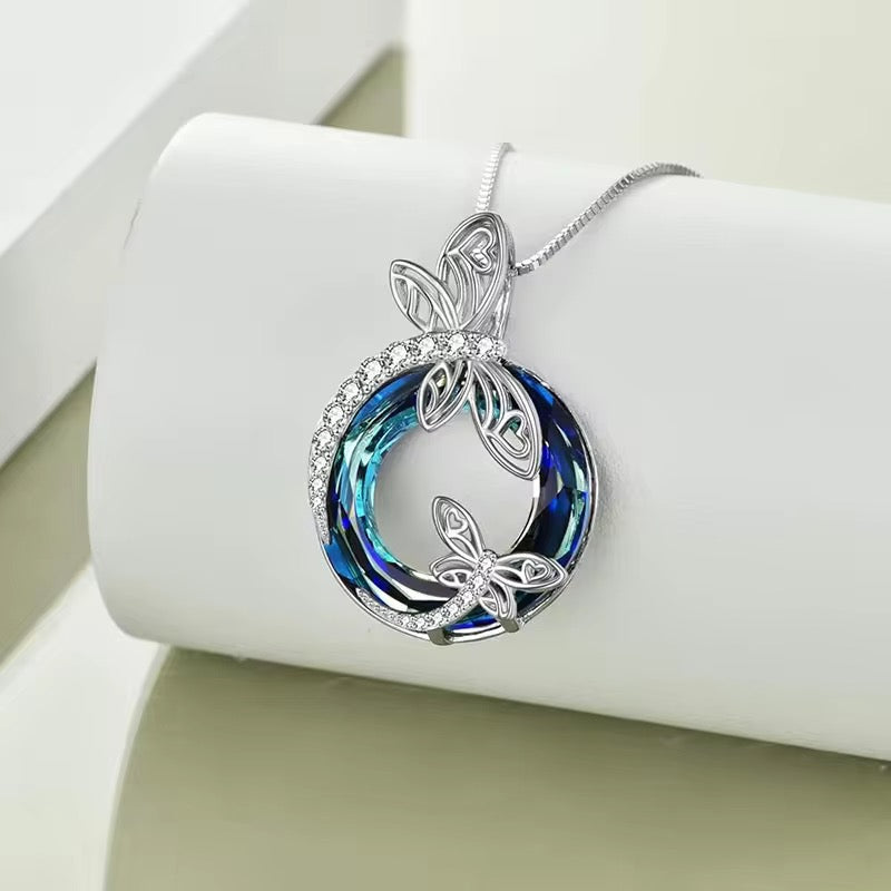 Elegant Dragonfly Crystal Circle Pendant Necklace