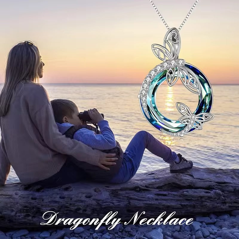 Elegant Dragonfly Crystal Circle Pendant Necklace