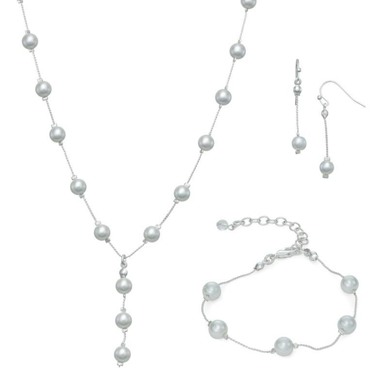 Three Piece Pearl Drop Necklace, Bracelet & Earring Set in Gold or Silver