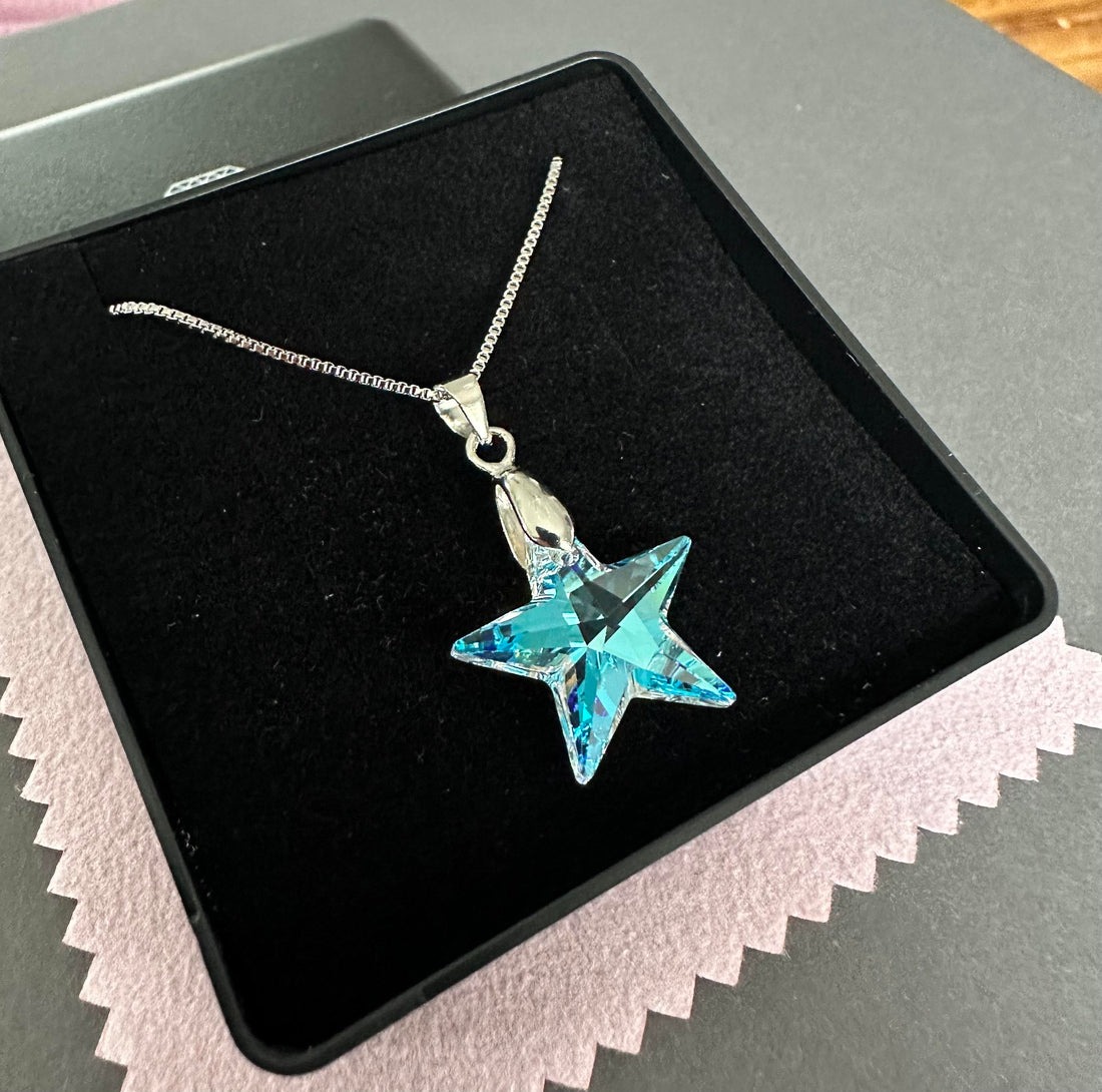 Fine Austrian Crystal Star necklace Blue in colour with Silver 925