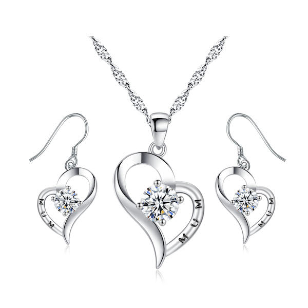 Crystal Heart Pendant and Earrings Set Engraved "MUM"