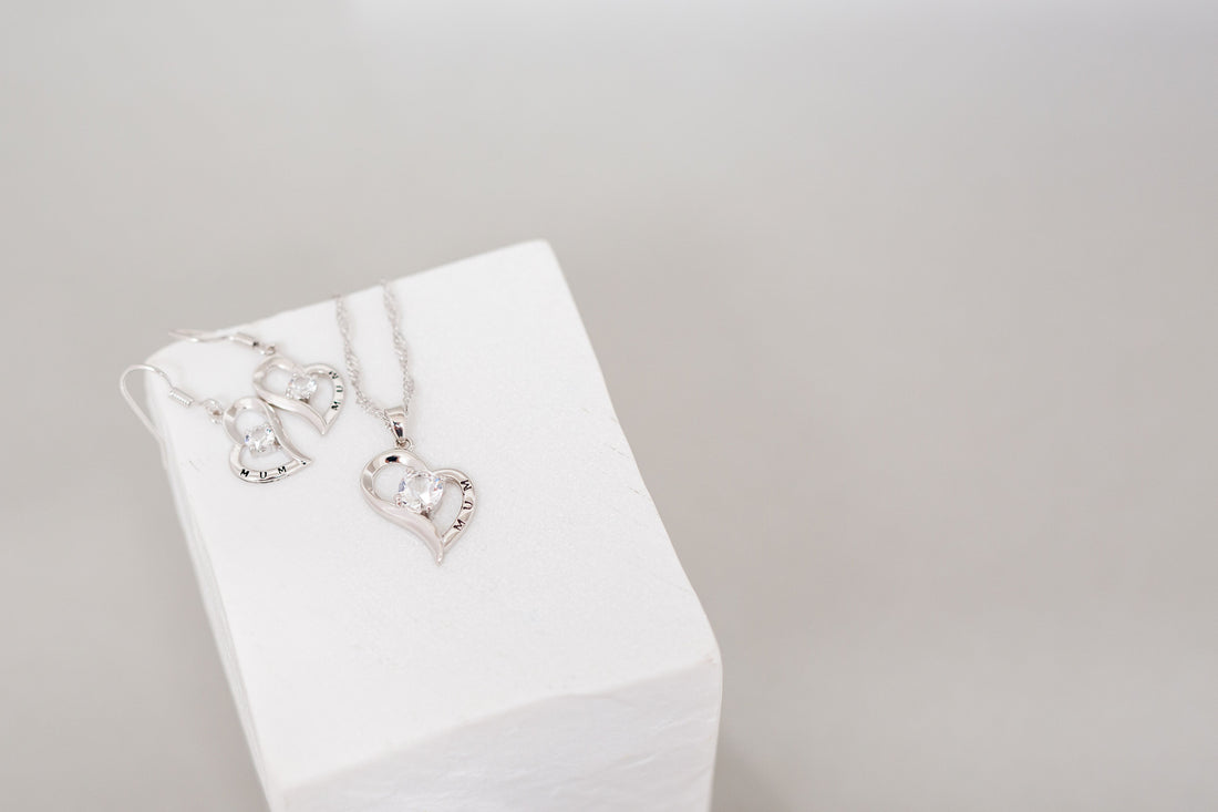 Crystal Heart Pendant and Earrings Set Engraved "MUM"