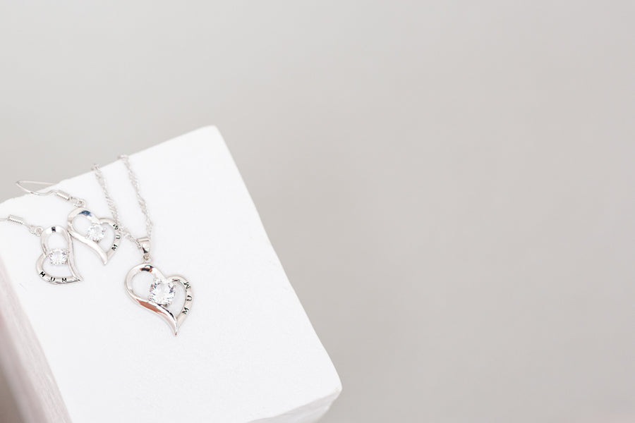 Crystal Heart Pendant and Earrings Set Engraved "MUM"