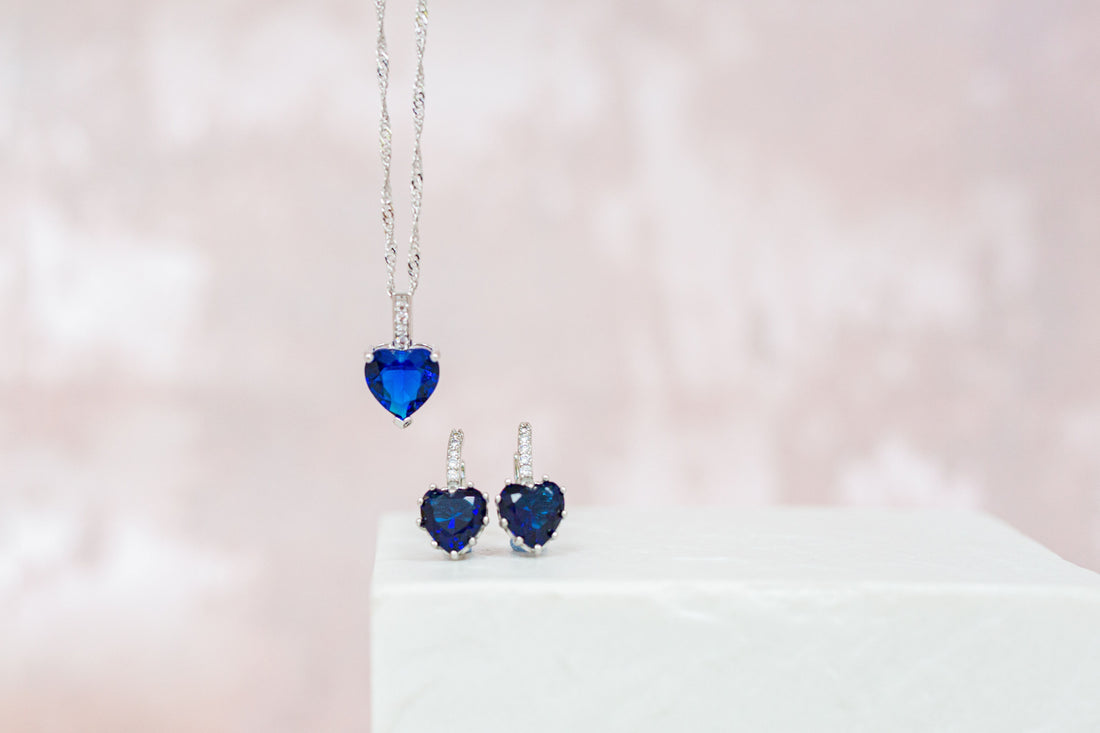 7.5 Carat Heart Cut Blue Simulated Sapphire Earring & Pendant Set