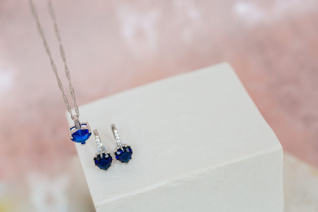 7.5 Carat Heart Cut Blue Simulated Sapphire Earring & Pendant Set