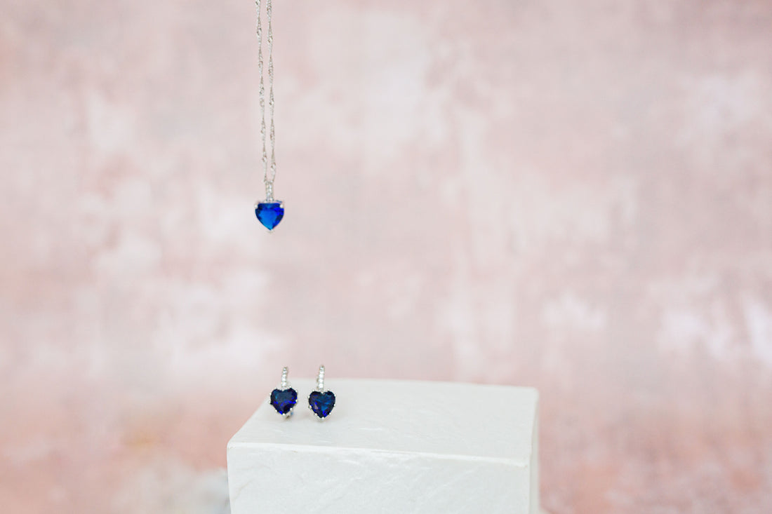 7.5 Carat Heart Cut Blue Simulated Sapphire Earring & Pendant Set