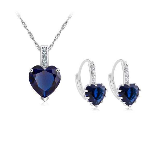 Sterling silver heart cut created blue sapphire pendant necklace & earring set discount