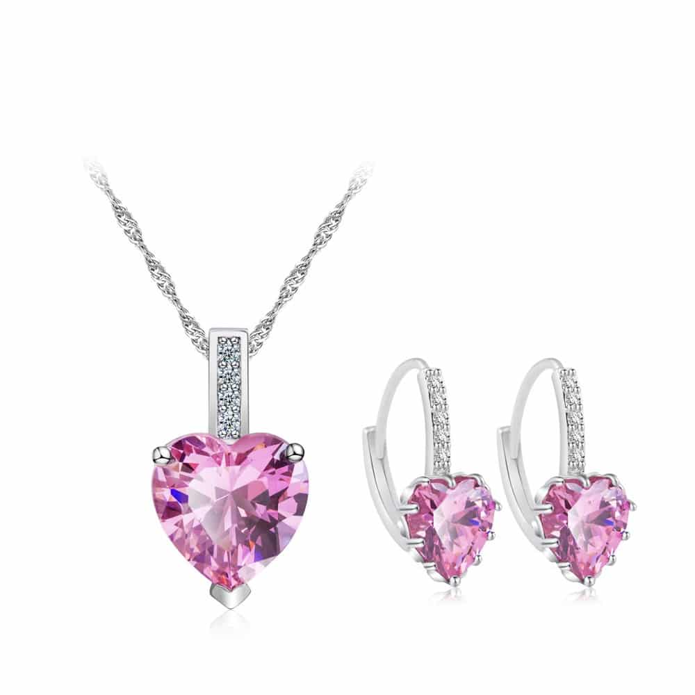 7.5 Carat Heart Cut Pink Simulated Sapphire Earring & Pendant Set