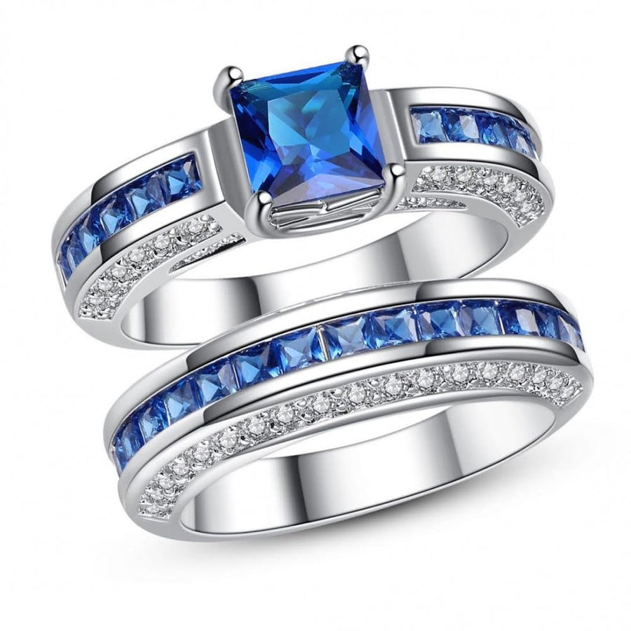2.5 Carat Blue Simulated Sapphire Princess Cut Rhodium Plated Ring