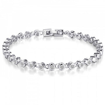Silver toned rhodium plated bracelet featuring 29 clear cut lab made sapphires within individual chain links