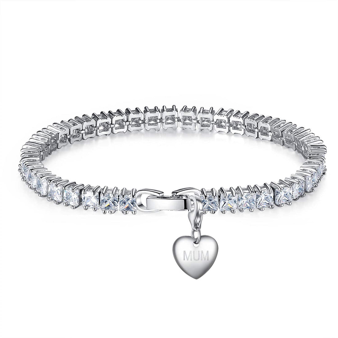 Rhodium Plated, Heart Charm Tennis Bracelet