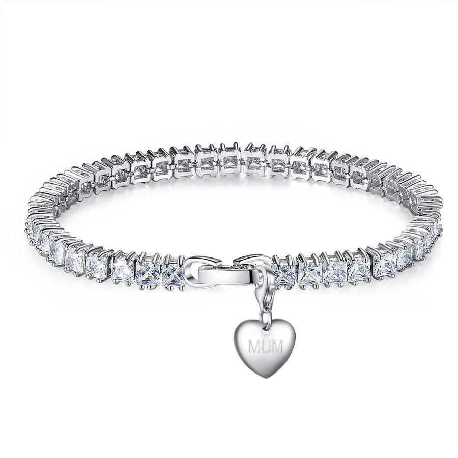 Rhodium Plated, Heart Charm Tennis Bracelet