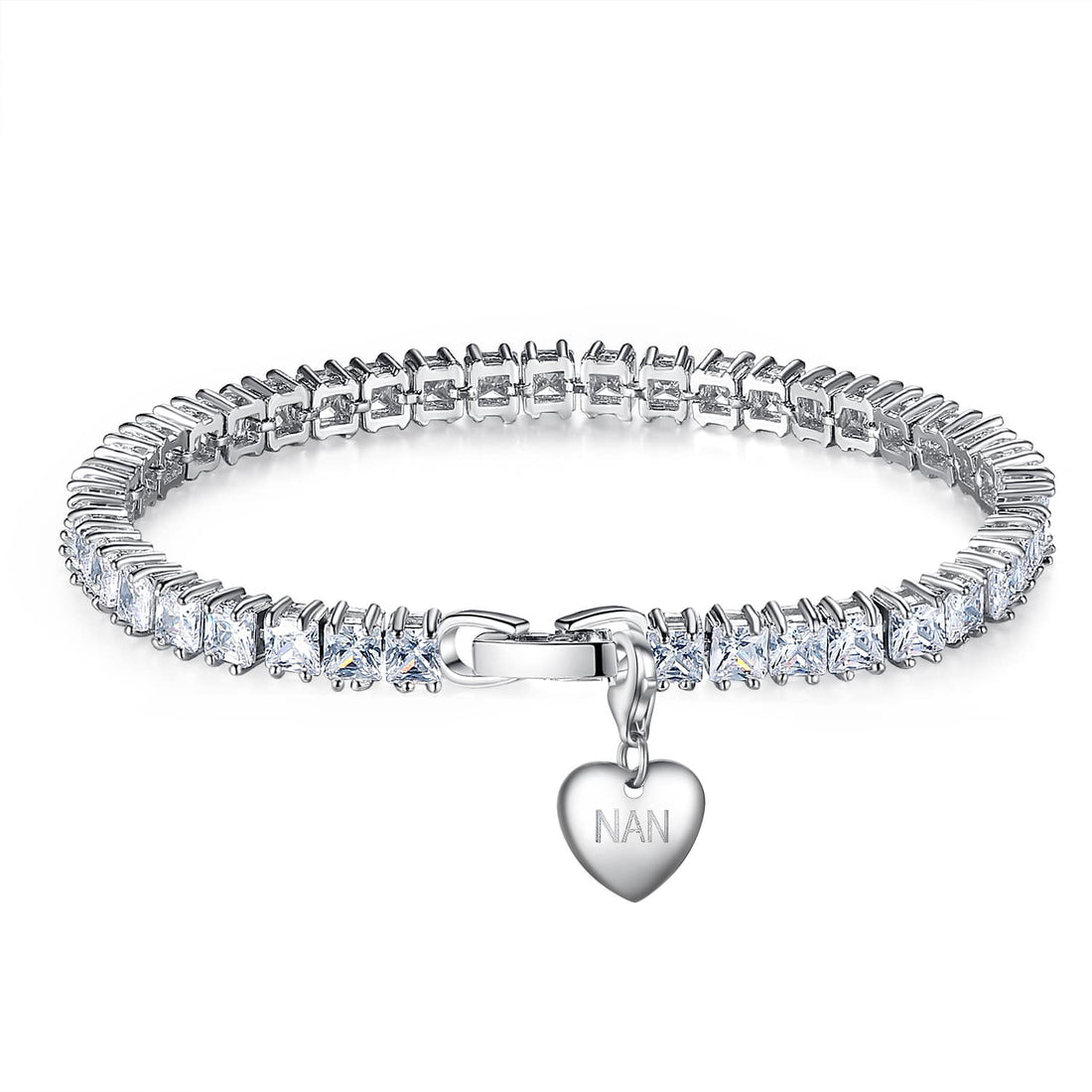 7CT SIMULATED SAPPHIRE RHODIUM PLATED TENNIS BRACELET WITH HEART CHARM
