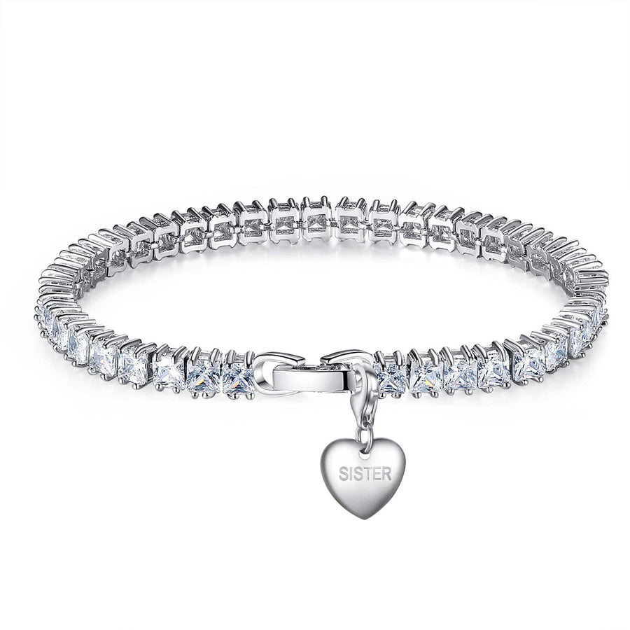 7CT SIMULATED SAPPHIRE RHODIUM PLATED TENNIS BRACELET WITH HEART CHARM