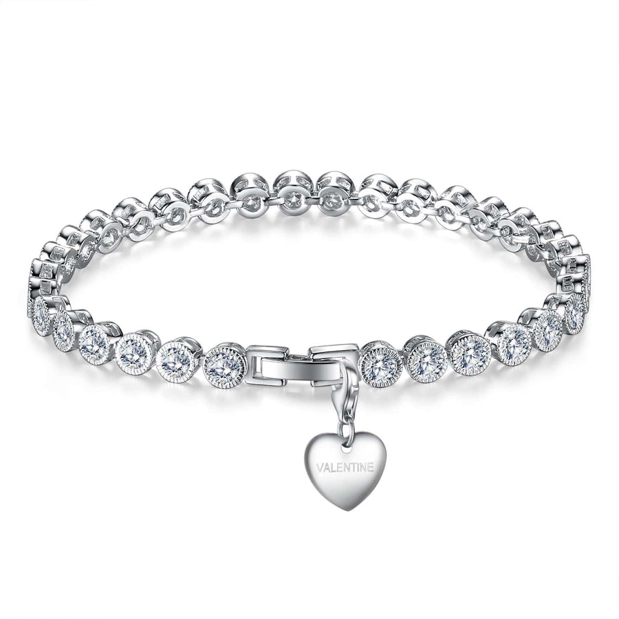 4.5CT SIMULATED SAPPHIRE RHODIUM PLATED 3 ROW BRACELET WITH HEART CHARM